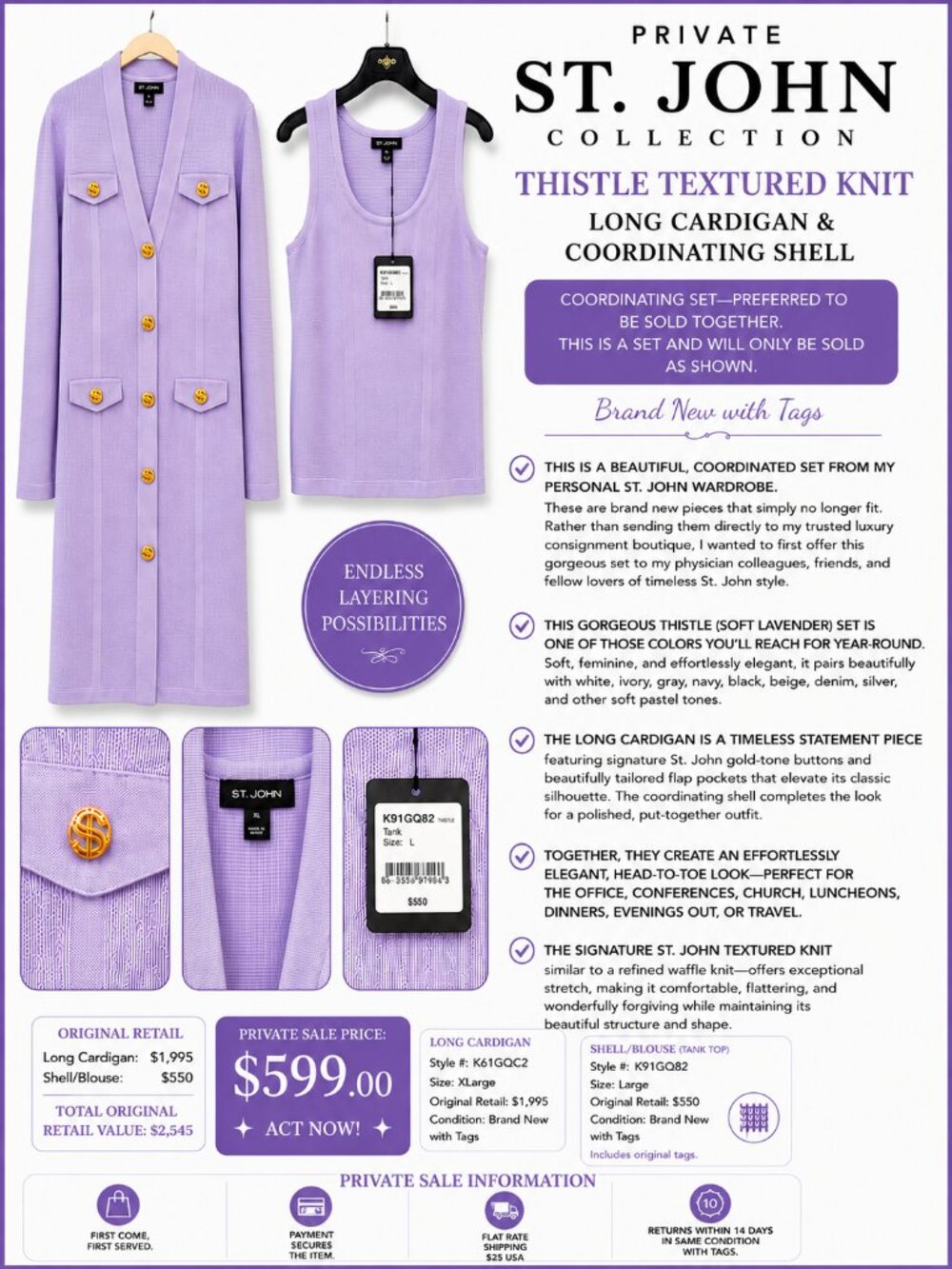 NWT St. John Thistle Lavender Long Cardigan & Shell Set XL/L $2545 Retail